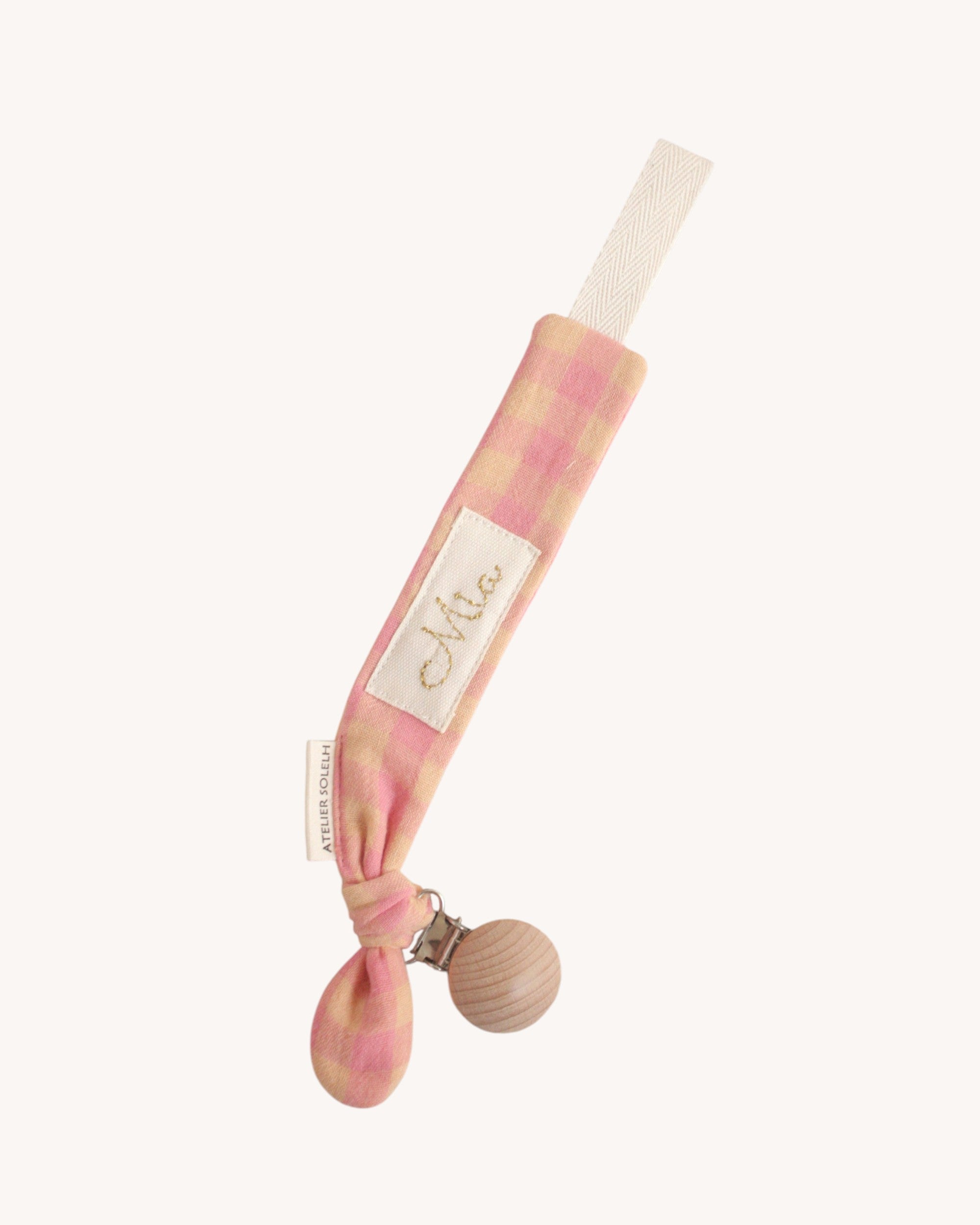 Attache-tétine personnalisé vichy rose et jaune
